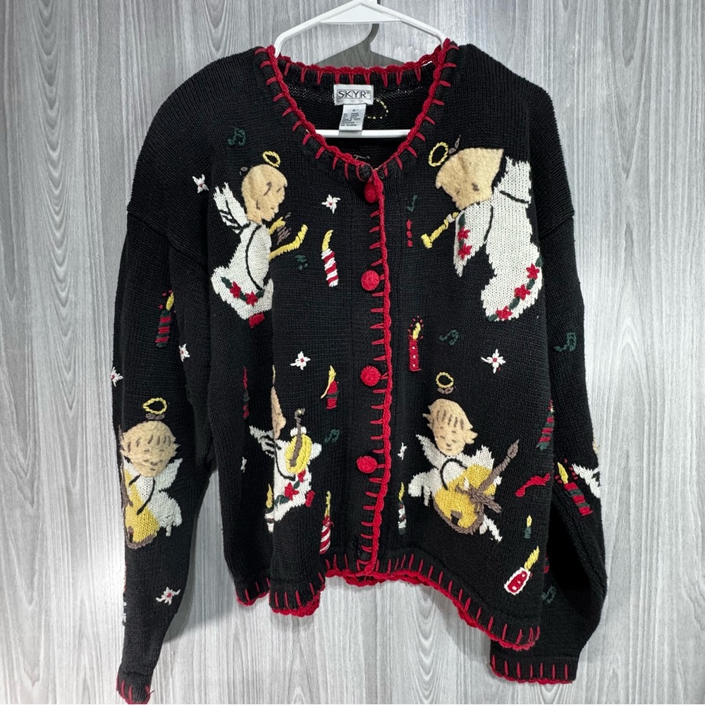 Skyr Vintage Christmas Angel Sweater Cardigan Black Holiday Knit Appliqué Sz M‎